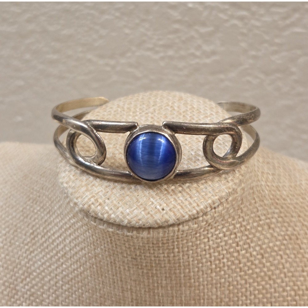 Vintage Sterling Silver Blue Cat's Eye Cuff Bracelet Mexico ATI 925